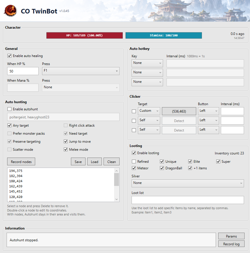 CO Twin Bot interface with hunting, healing, hotkey and looting settings